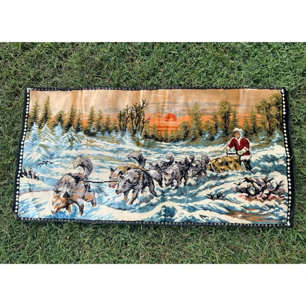 Vintage 60s Velvet Wall Tapestry Alaskan‎ Iditarod Dog Sledding Snowy Sunrise